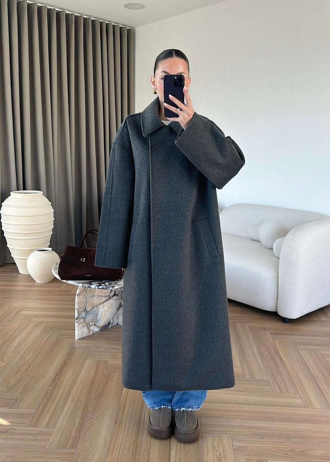 Gömlek Yakalı Kuşaklı Kaban ANTRASİT