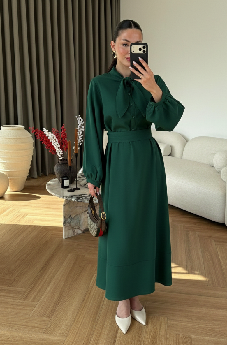 Ayşima Yaka Detaylı Elbise YEŞİL