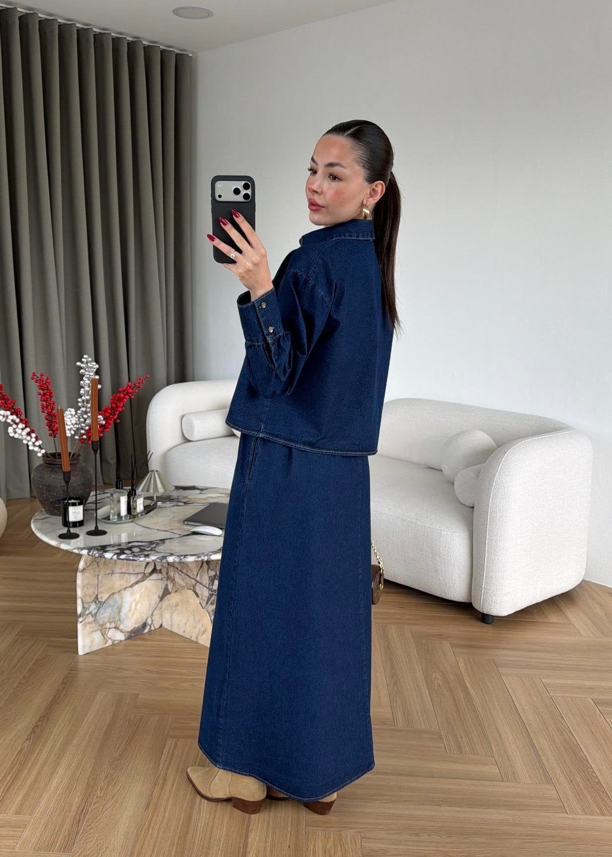 Gömlekli Elbiseli Denim Takım LACİVERT