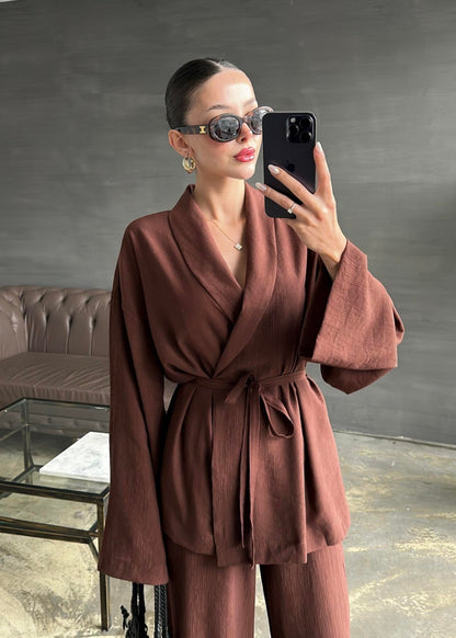 Şal Yaka Krinkıl Kimono Takım ACI KAHVE