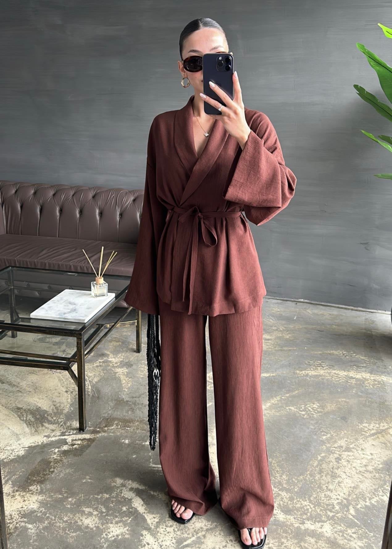 Şal Yaka Krinkıl Kimono Takım ACI KAHVE