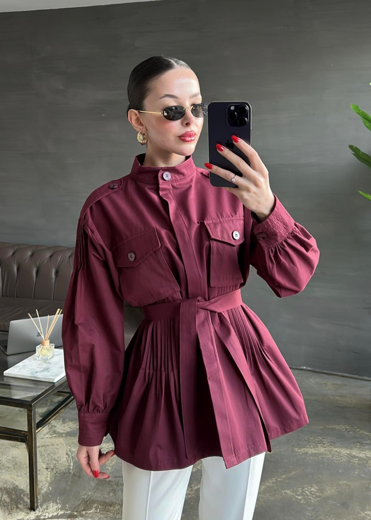 Nervür Detaylı Kap Ceket BORDO