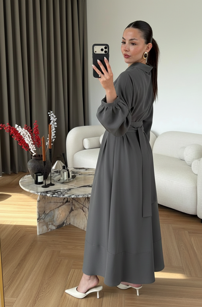 Ayşima Yaka Detaylı Elbise ANTRASİT