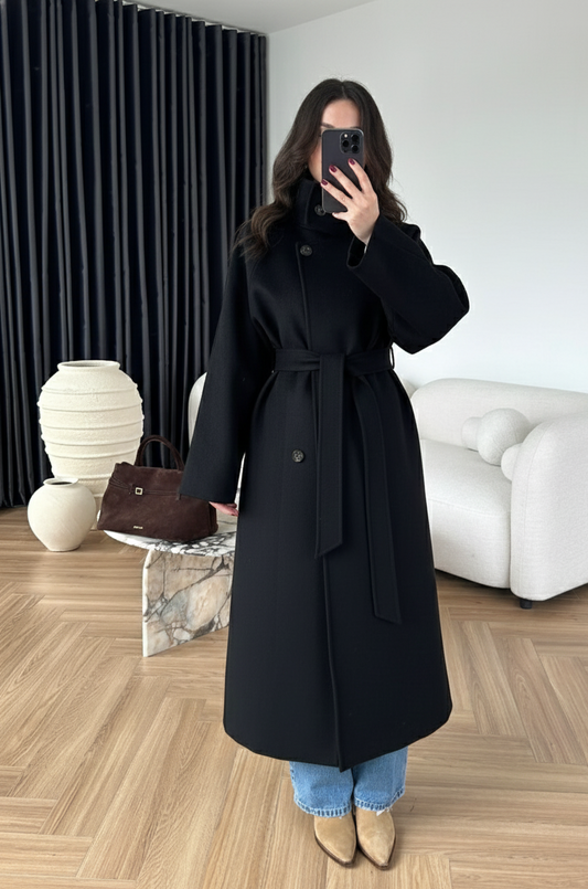 Dik Yakalı Kuşaklı Kaban SİYAH