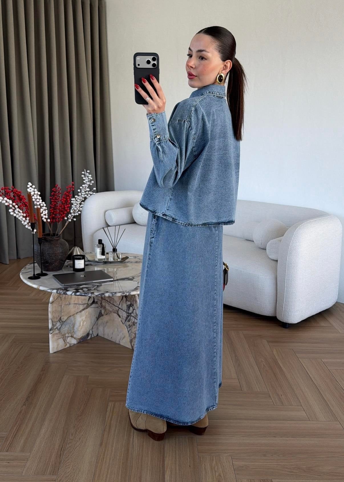 Gömlekli Elbiseli Denim Takım BUZ MAVİ