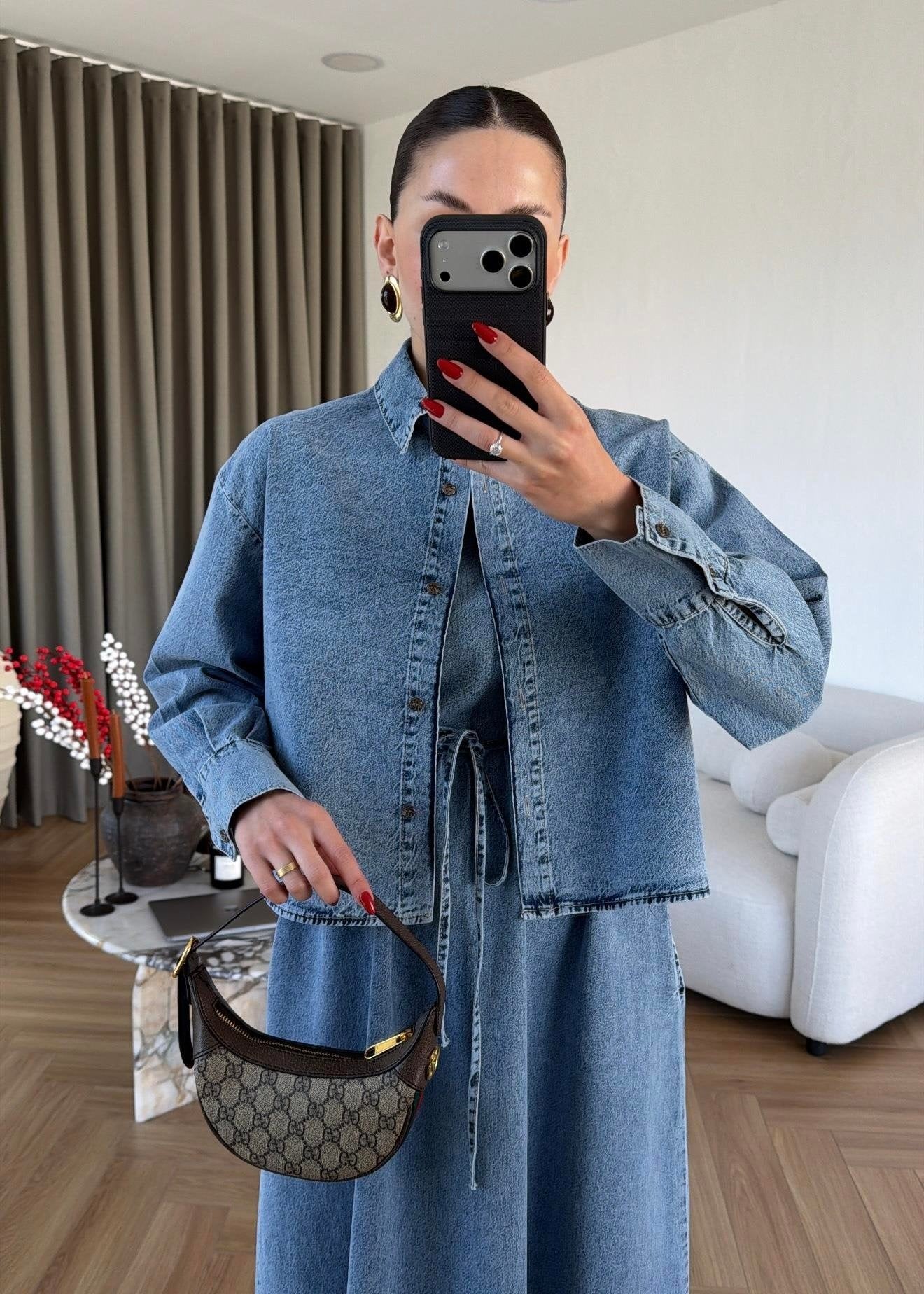 Gömlekli Elbiseli Denim Takım BUZ MAVİ