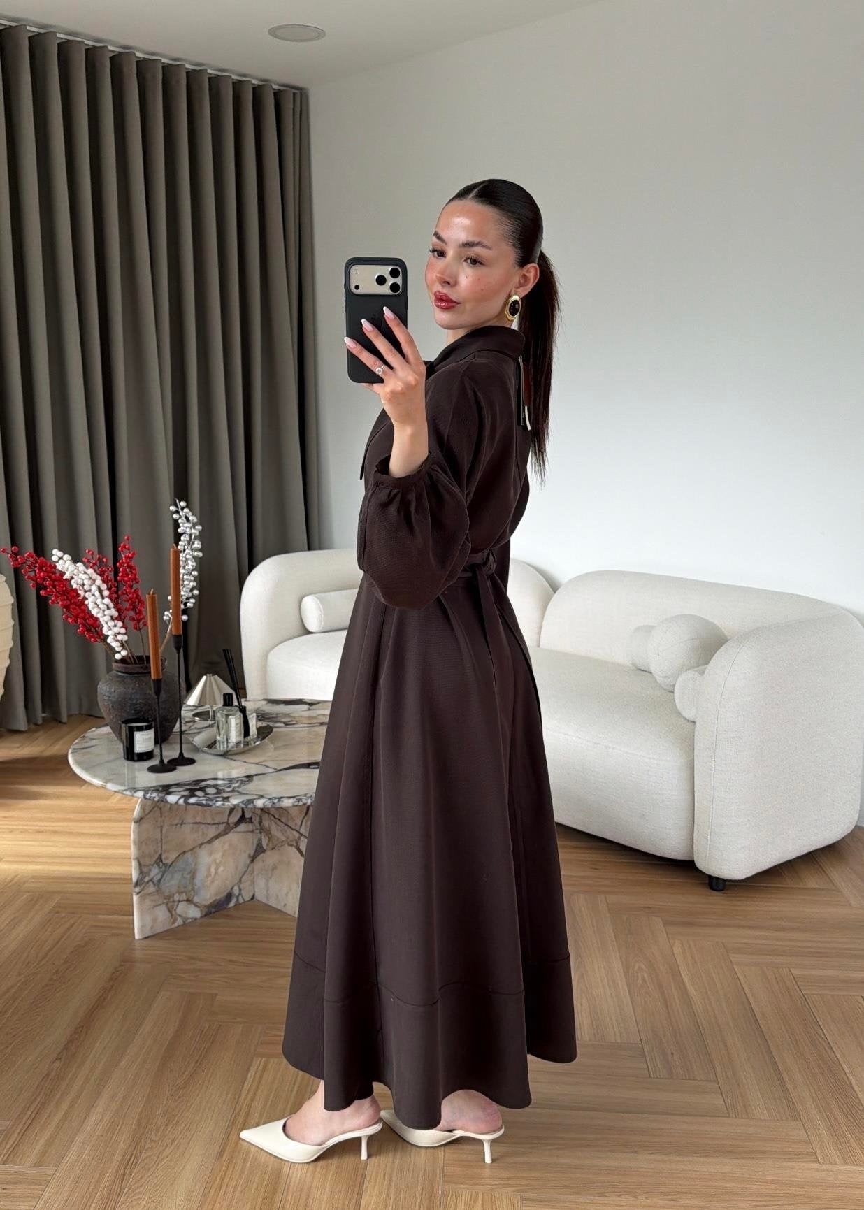 Ayşima Yaka Detaylı Elbise ACI KAHVE