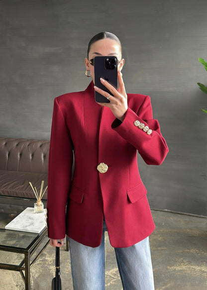 Şal Yakalı Gold Düğmeli Ceket BORDO