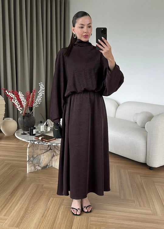 Yarasa Kol Saten Elbise ACI KAHVE